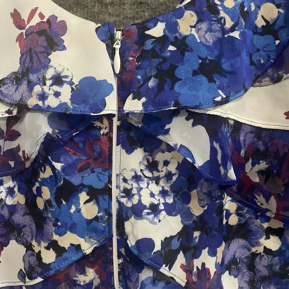 White House Black Market Top Women L Blue Floral Tiered Ruffle Sleeveless Blouse - Picture 6 of 10